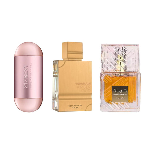 Promo mujer: 212 Sexy Woman  100 ML + Khamrah 100 ML + Al Haramain Amber Oud Gold Edition 120 ML + Envío GRATIS